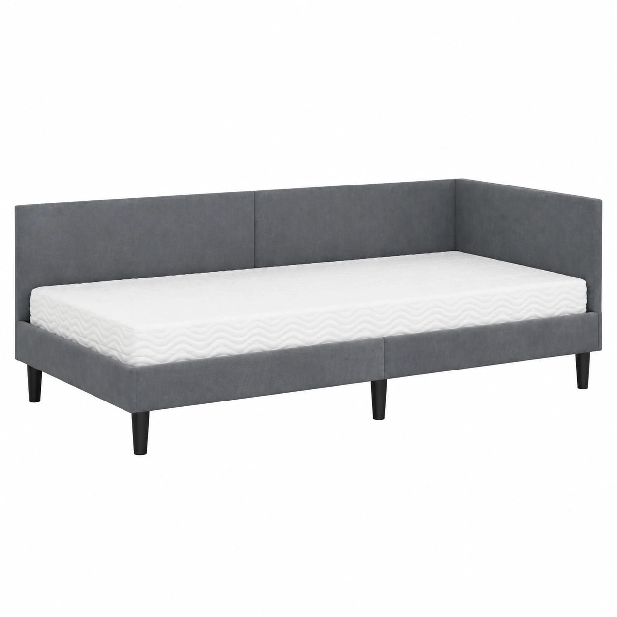 Modernes graues Plattformbett mit Samtbezug und wandmontiertem Kopfteil, inkl. atmungsaktiver Matratze 90x200 cm
