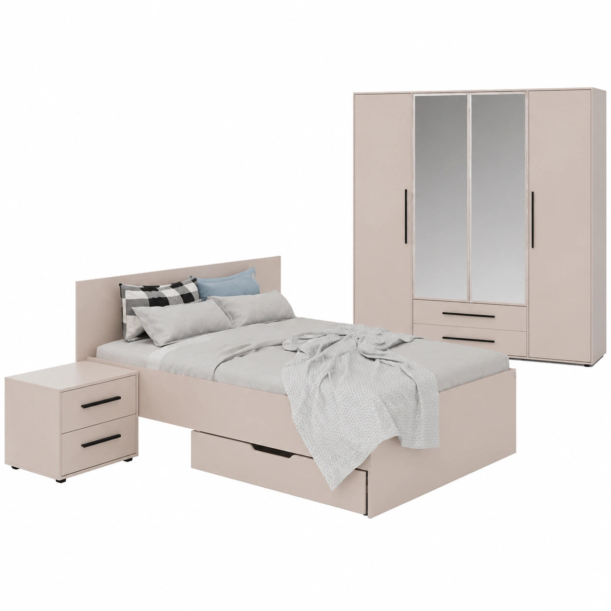 Modernes Schlafzimmer-Set in Kaschmir mit Doppelbett 160x200cm, Kleiderschrank, Nachttischen und Bettschubladen, schwarz akzentuiert, 6-teilig