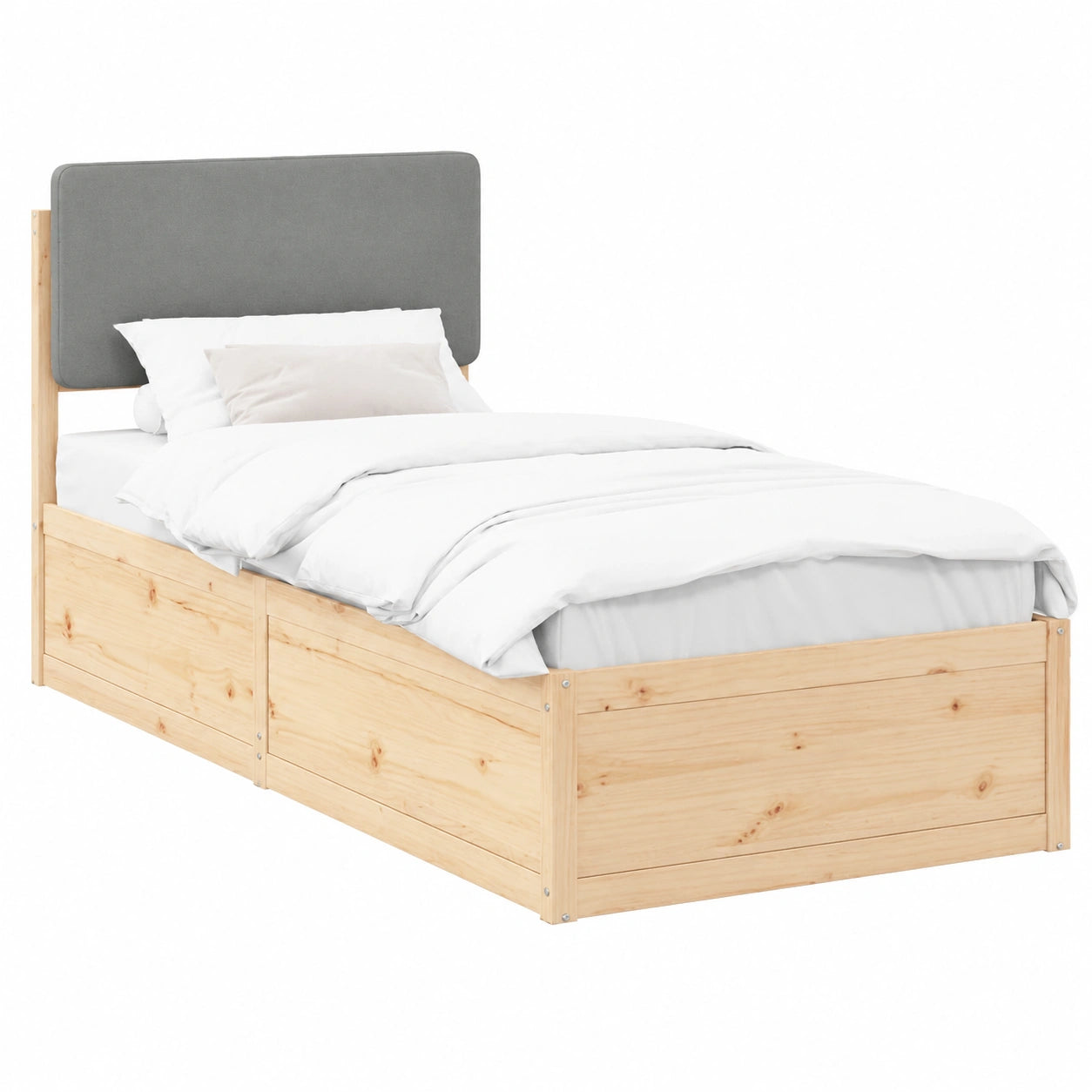 Einzelbett aus Kiefernholz mit gepolstertem Kopfteil, 90x200 cm, hellgrau, moderner Lattenrahmen