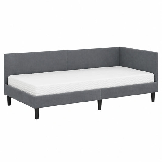 Modernes graues Plattformbett mit Samtbezug und wandmontiertem Kopfteil, inkl. atmungsaktiver Matratze 90x200 cm