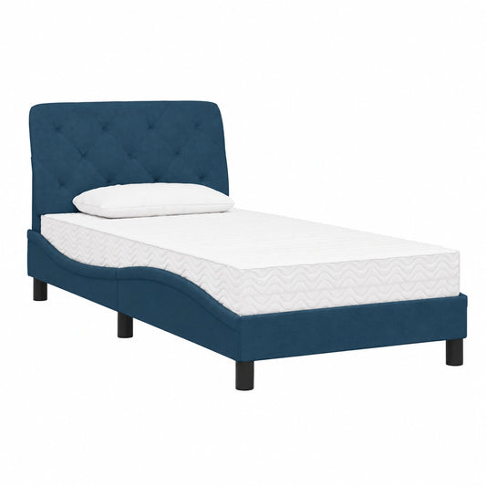 Modernes Samtbett Blau 90x190 cm mit Kissenkopfteil und Schaumstoffmatratze