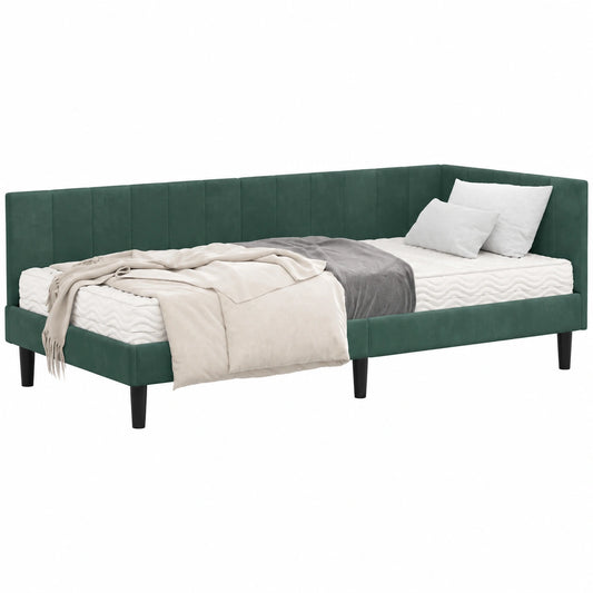 Grünes Eckbett mit Matratze und Samtkopfteil, 90x190cm Schaum, stabiles Holzgestell, multifunktionales Schlafsofa