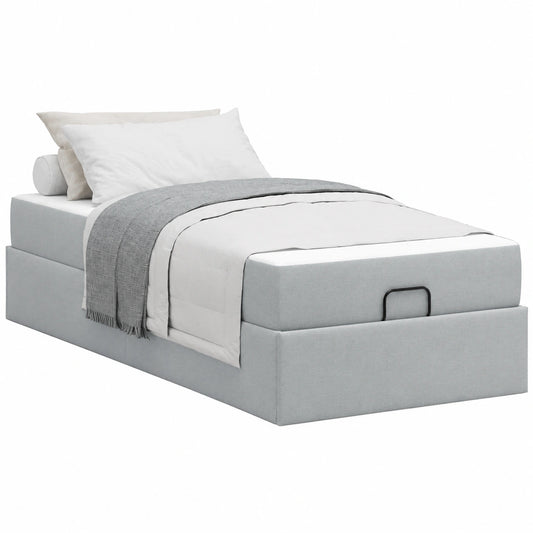 Modernes Bettgestell mit Stauraum und mittelfester Matratze, 203x80 cm, hellgrauer Stoff