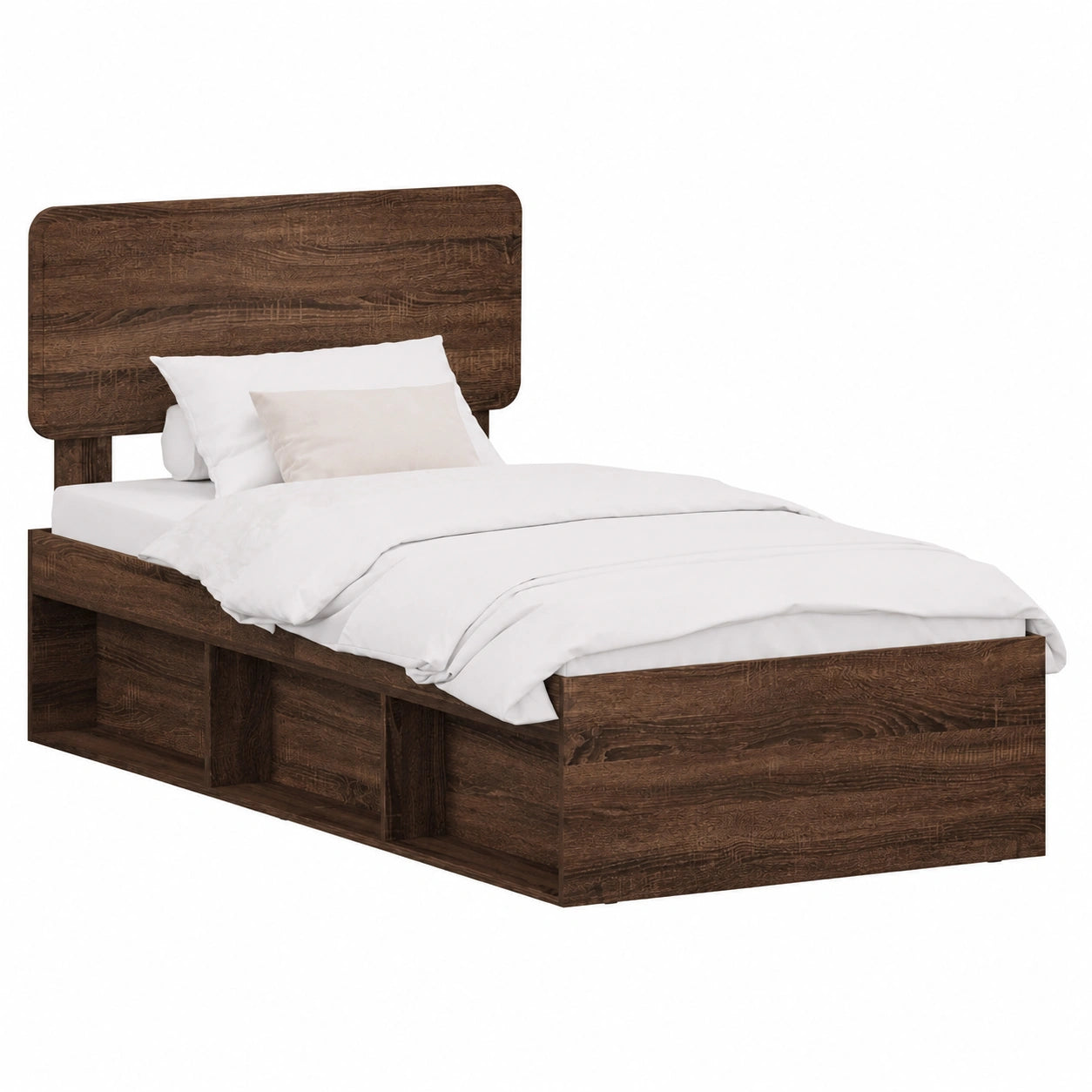 Einzelbett in Eichenoptik mit Kopfteil und Lattenrost, Kiefernholz, 100x200 cm, robustes Design im modernen Stil